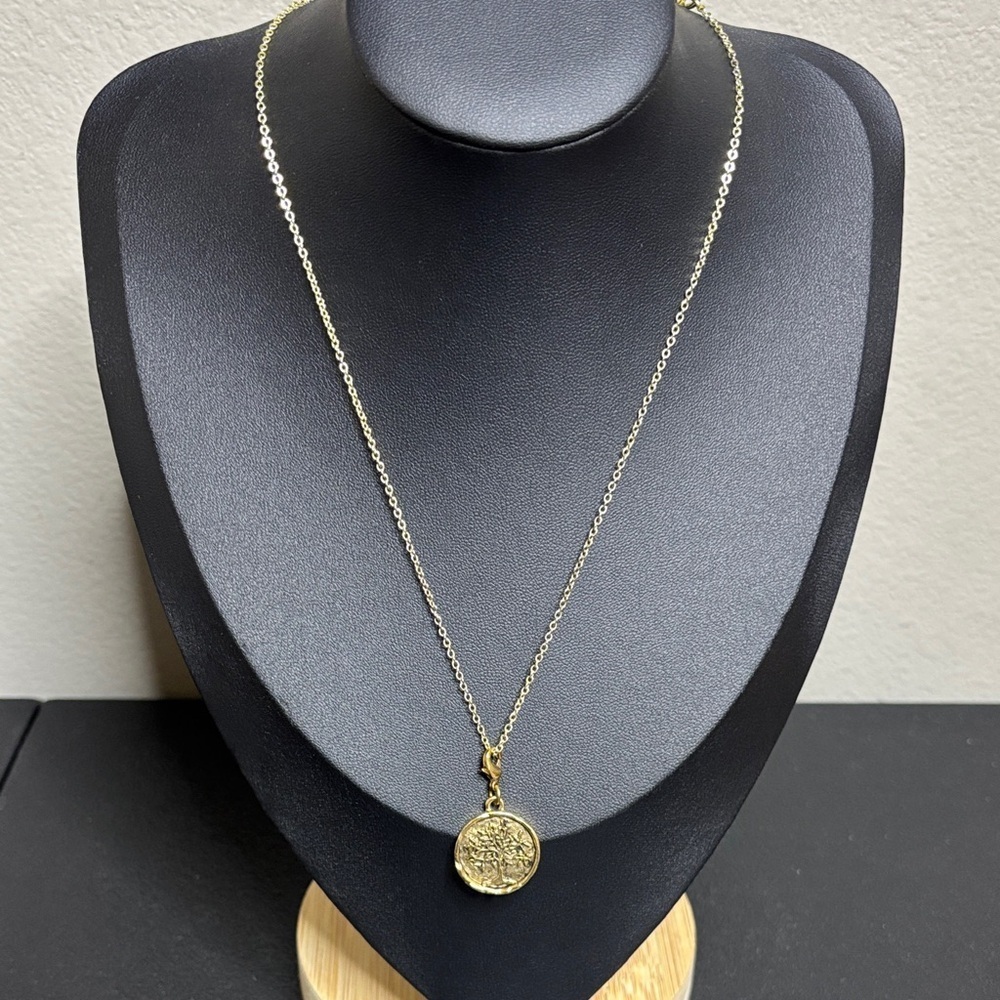 Elegant Gold Tone Tree of Life Coin Charm Pendant Necklace Dainty